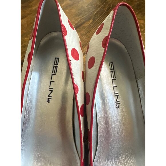 Red White Polka Dot Leather Peep Toe 2.5in Heels Bellini Bow  7 Retro Coquette - Picture 13 of 14